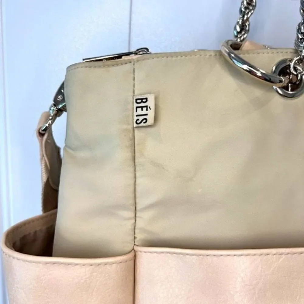 Beis The Baby Bag in Beige Buffalo Trim Vegan Leather 5 Pockets Gold Hardware